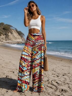Yahada Abstract Wide Leg Palazzo Pants Retro Psychedelic Resort Beachy Flowy S/M